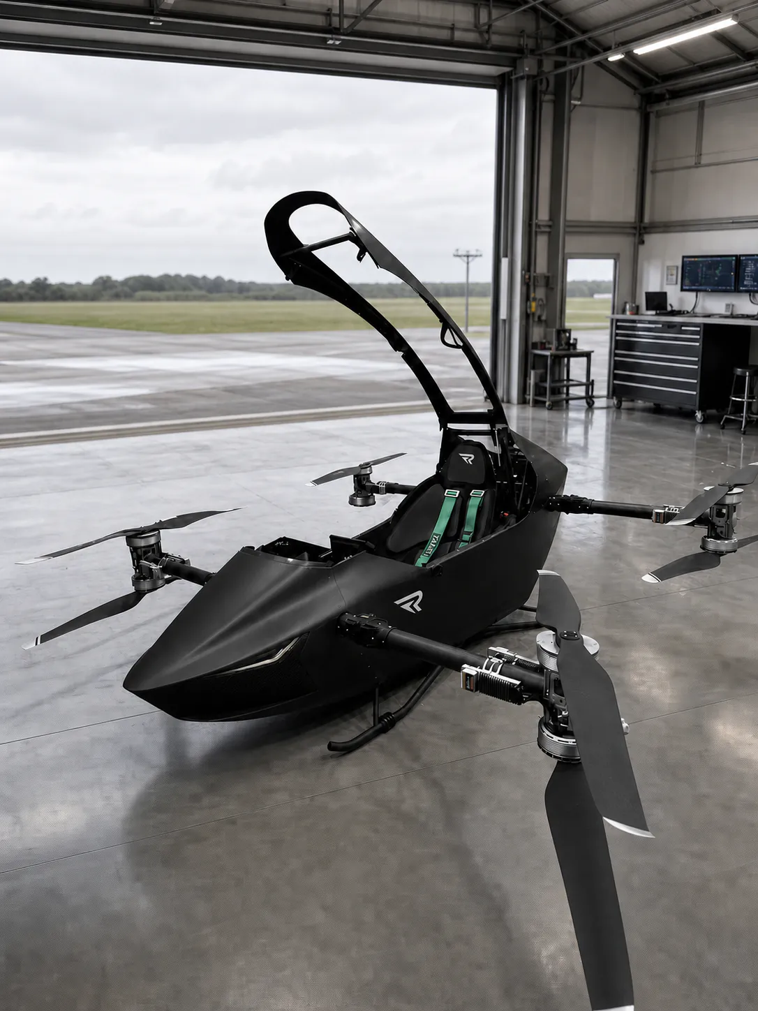 Black REVTOL aircraft with open canopy, approved white body and headrest marks, and original green TAKATA harnesses