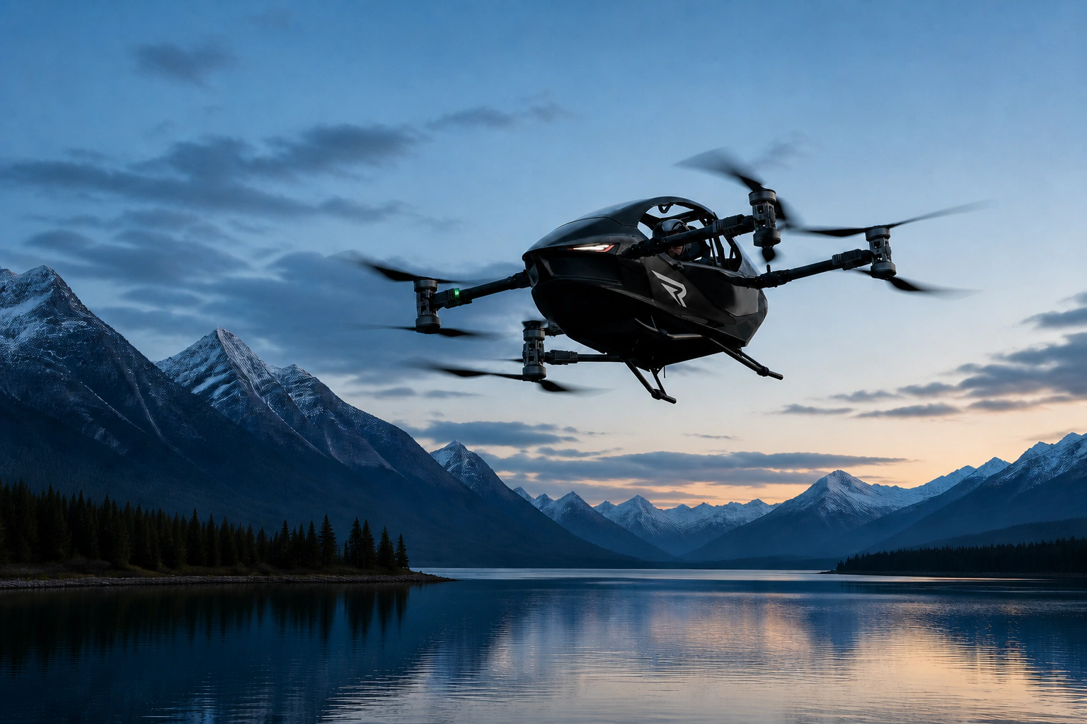 Black REVTOL aircraft flying above an alpine lake with four hubs and eight visible propeller planes