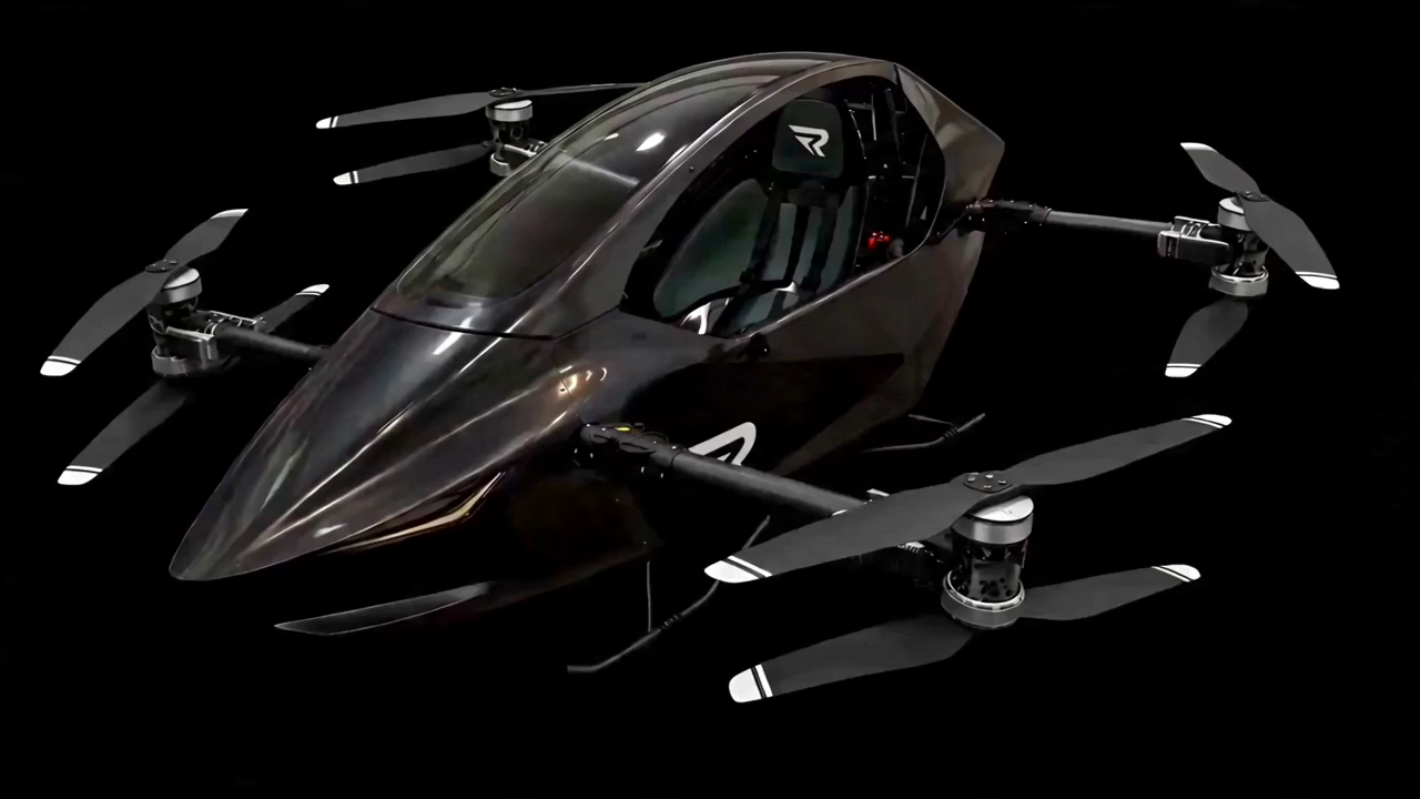 Black REVTOL aircraft shown as one complete machine on a black field